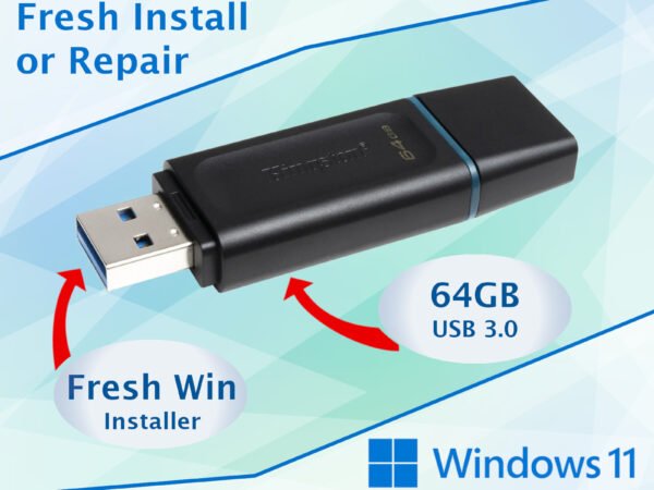 Windows 11 USB Installer - Fresh Install or Boot Drive Repair, 64GB Kingston USB 3.0, Includes All x64 Versions, UEFI and Legacy Boot Compatible, Automatic Product Key Usage, Live Customer Support, UK Shipping