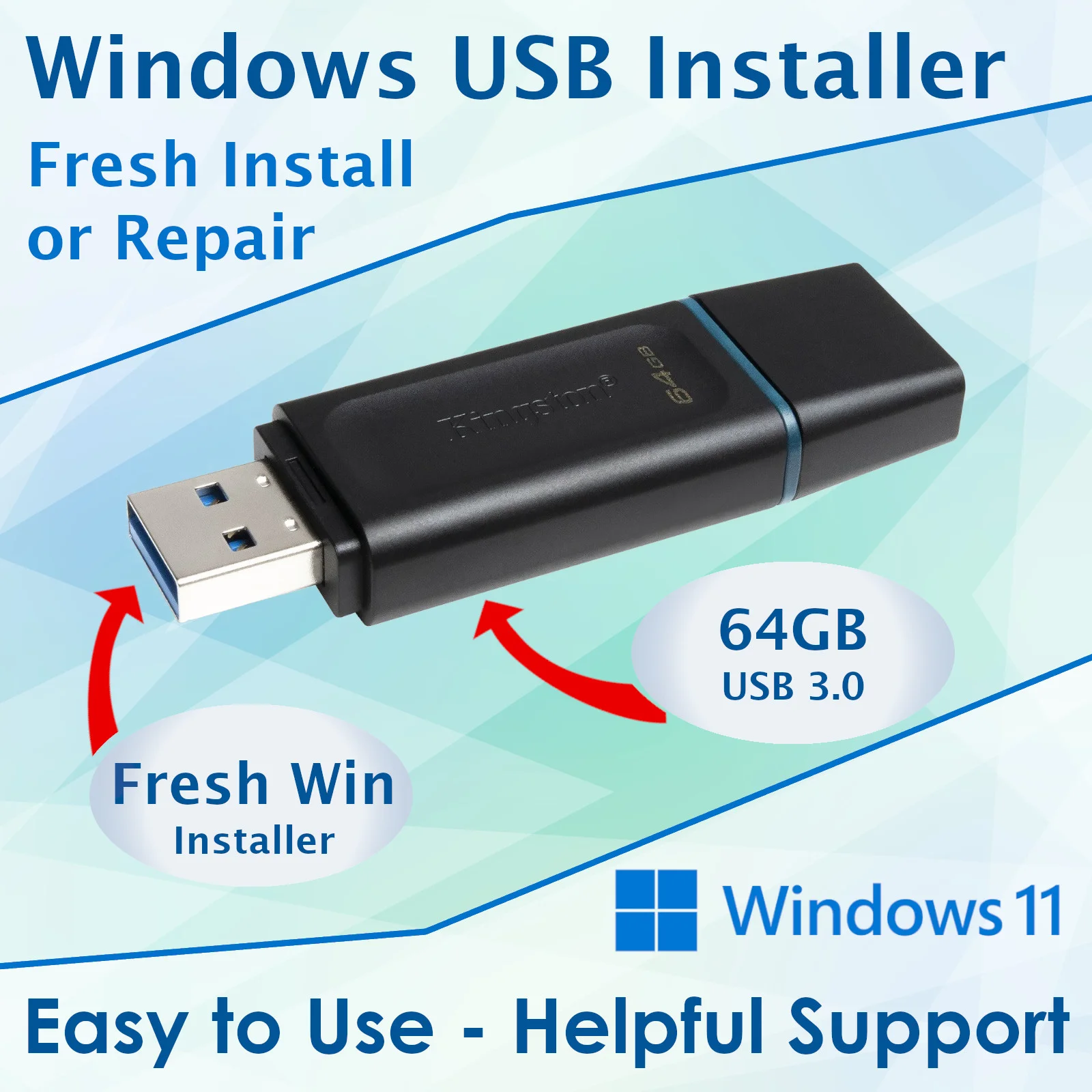 Windows 11 USB Installer - Fresh Install or Boot Drive Repair, 64GB Kingston USB 3.0, Includes All x64 Versions, UEFI and Legacy Boot Compatible, Automatic Product Key Usage, Live Customer Support, UK Shipping