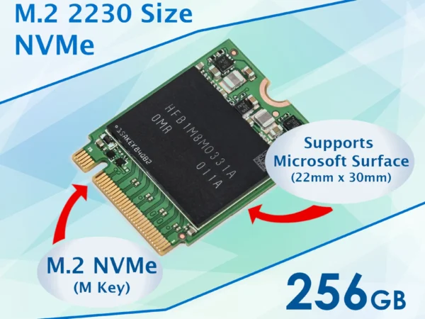 The image showcases a 256GB M.2 2230 NVMe SSD, pre-installed with Windows 10 or Windows 11, highlighting its M Key connection for NVMe storage. It specifically advertises support for Microsoft Surface laptops and other devices requiring a compact 22mm x 30mm form factor. This SSD is designed to provide a seamless performance upgrade for compatible devices, ensuring quick boot times and efficient storage solutions.
