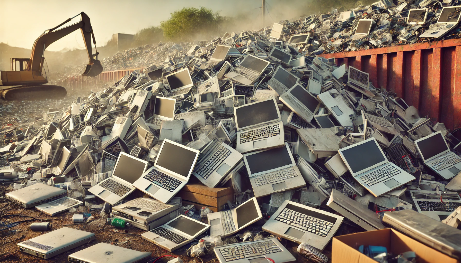 A large pile of discarded laptops in a landfill, symbolising electronic waste and environmental concerns. The scene should show numerous old laptops