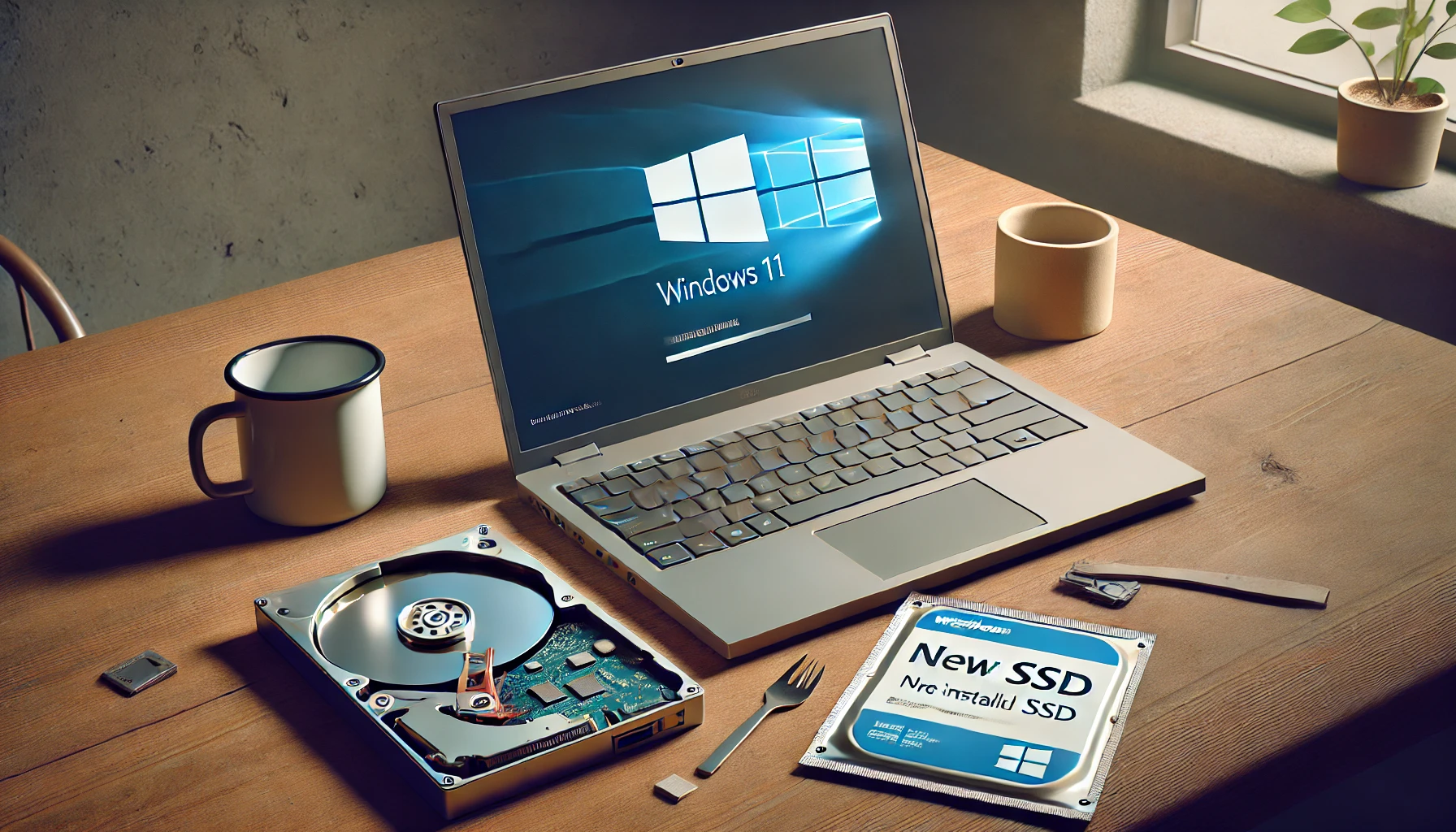 An old laptop on the setup screen of Windows 11, with a traditional hard drive on the table next to it.